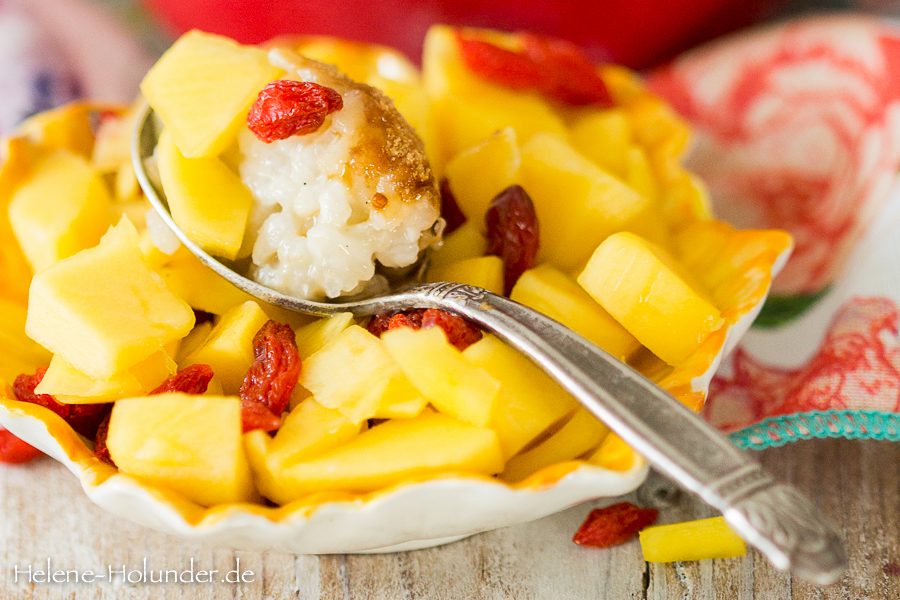 Kinder Milchreis, Mango-Gojibeeren-Kompott, vegan, Helene Holunder Kinder Milchreis, Mango-Gojibeeren-Kompott, vegan, Helene Holunder